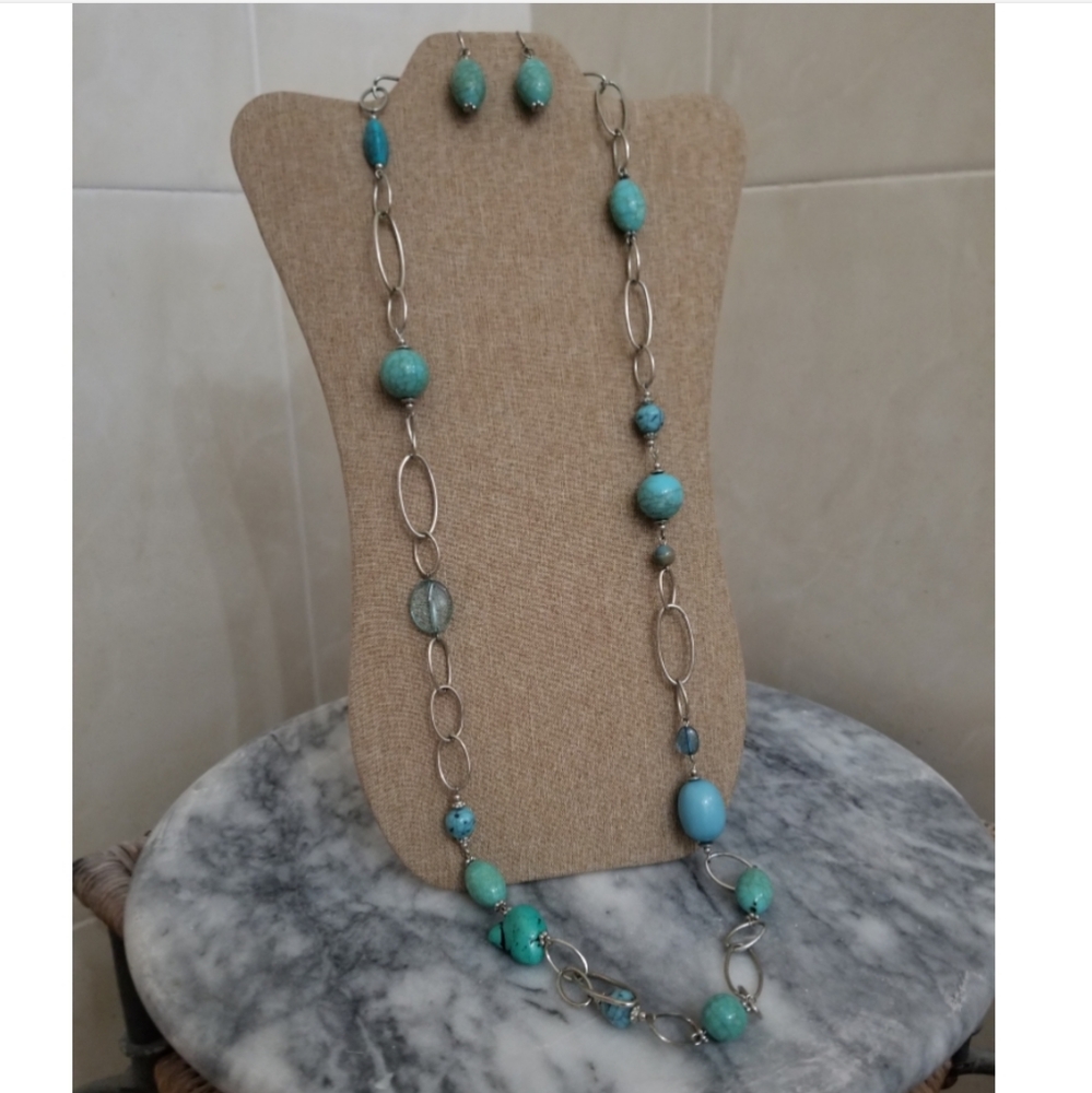 Turquoise Earrings and Long Necklace Set